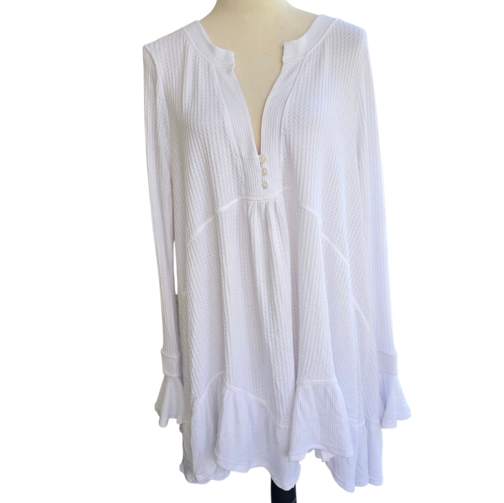 Free People White Textured Tunic Ruffle Waffle Knit Long Sleeve Top Size S NWT